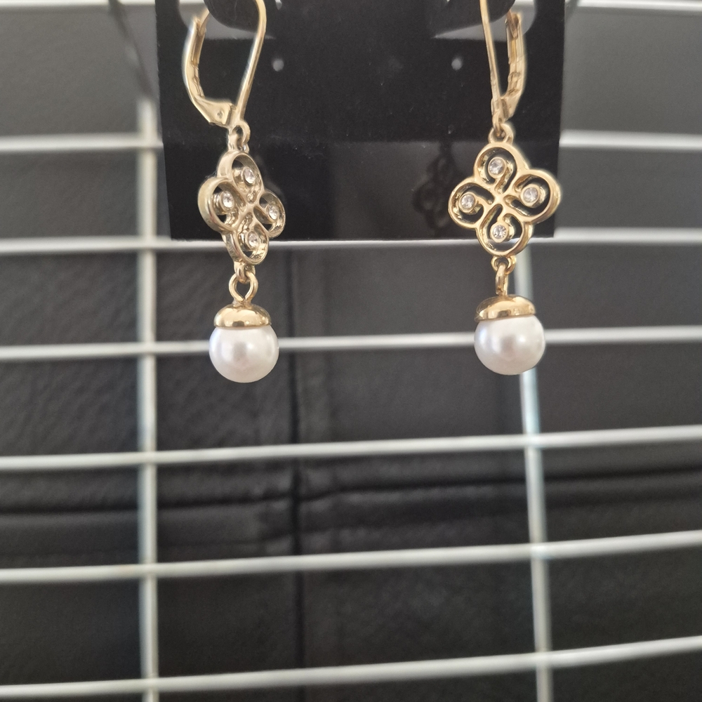 Gold and Pearl Floral Drop Earrings